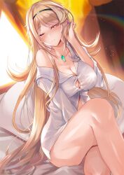 1girls bed blonde_hair breasts button_down_shirt core_crystal hairband inoue_takuya_(pixiv_99697) large_breasts long_hair looking_at_viewer mythra_(xenoblade) naked_shirt nintendo on_bed pillow shirt shirt_only white_shirt xenoblade_(series) xenoblade_chronicles_2 yellow_eyes