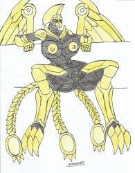 1girls anthro bakugan bakugan_(species) bakugan_battle_planet big_breasts big_hips bird_girl bird_humanoid black_body female furry gold_armor gold_eyes gold_nipples gold_pussy huge_breasts looking_at_viewer marlon64 open_legs phoenix pyravian showing_pussy smiling_at_viewer traditional_drawing_(artwork) white_background winged_humanoid