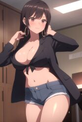 ai_generated big_boobs big_breast big_breasts brown_eyes brown_hair brown_hair_female denim_shorts huge_breast huge_breasts ikazuchi_riko large_breast large_breasts secret_mission_sennyuu_sousakan_wa_zettai_ni_makenai! short_shorts shorts