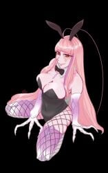 1girls 2020s 2024 animal_costume arthropod_girl black_background breasts candace_volker cleavage female fishnet_thighhighs fishnets hi_res long_hair matara_kan mole mole_on_breast monster_girl on_floor pink_hair rabbit_costume rabbit_ears rabbit_tail red_eyes revealing_clothes simple_background smile solo thighhighs virtual_youtuber vshojo