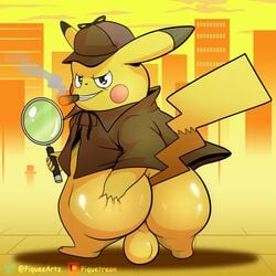 1boy anthro ass ass_grab barefoot big_butt black_eyes bottomless cigar city clothed clothing deerstalker deerstalker_hat detective detective_pikachu detective_pikachu_(series) furry hand_on_butt hat headwear long_ears looking_at_viewer looking_back magnifying_glass male male_only mammal mostly_nude nintendo outside pikachu pokémon_(species) pokemon pokemon_detective_pikachu portrait presenting presenting_hindquarters rodent shirt smile smoke smutty-smeargle solo standing teeth testicles text thick_thighs video_games watermark yellow_fur