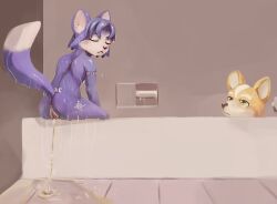 2022 absurd_res anthro anus ass bathing bathroom bathtub black_eyebrows black_nose blue_body blue_ears blue_fur blue_hair blue_tail bodily_fluids breasts canid canine cheek_tuft closed_eyes dipstick_tail duo eyebrows facial_tuft female female_focus female_peeing floor fox fox_mccloud fur genital_fluids genitals green_eyes hair head_turned hi_res humanoid_genitalia humanoid_pussy inside krystal leaning leaning_forward mabibabi male mammal markings medium_breasts mouth_closed multicolored_body multicolored_fur nintendo nude nude_anthro nude_female partially_submerged peeing peeing_on_ground pink_anus pink_inner_pussy pussy short_hair sitting snout solo_focus star_fox steam tail tail_markings tan_body tan_fur tile tile_floor tuft two_tone_body two_tone_fur two_tone_tail urine urine_on_ground urine_pool urine_stream water wet white_body white_fur white_inner_ear white_markings white_pussy white_tail