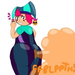 1boy brawl_stars chester_(brawl_stars) clown fart fart_cloud fart_fetish farting_at_viewer gold_clothing green_clothing huge_ass huge_butt jester kaithedumbass02 onomatopoeia pink_hair purple_clothing self_upload shaded simple_background smug teal_clothing thick_thighs white_background yellow_fart