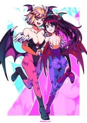 2girls animal_hands animal_print arcueid_brunestud ass bat_print bat_wings black_hair blonde_hair blue_eyes breasts cosplay crossover darkstalkers demon_girl flat_chest frown hair_intakes head_wings high_heels highres holding_hands large_breasts leotard lilith_aensland lilith_aensland_(cosplay) long_hair low_wings morrigan_aensland morrigan_aensland_(cosplay) multiple_girls pantyhose print_pantyhose purple_legwear purple_wings red_eyes red_leotard scalizo short_hair tohno_akiha tsukihime tsukihime_(remake) vampire_(game) wings