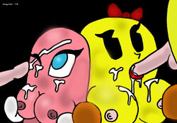 black_background breasts cum cum_on_breasts cum_on_face cum_shot eyelashes fellatio ghost gloves hair_bow lipstick ms._pac-man multiple_girls namco nipples pac-man pac-man_(series) pinky_(pac-man) red_ribbon simple_background yellow_skin