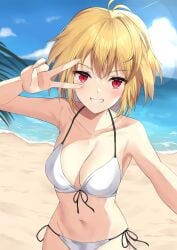 1girls alternate_costume antenna_hair arcueid_brunestud beach bikini blonde blonde_female blonde_hair blue_sky blush breasts cleavage cloud collarbone commentary_request day female female_only grin hair_between_eyes halterneck highres looking_at_viewer medium_breasts navel ocean outdoors red_eyes sand selfie short_hair side-tie_bikini_bottom sky smile solo solo_female string_bikini sunlight swimsuit teeth tsukihime tsukihime_(remake) v water white_bikini yuyuenimo