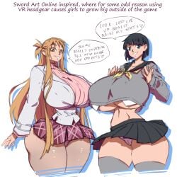 2girls alternate_body_size alternate_body_type alternate_breast_size black_hair blue_eyes curvy female female_only gigantic_breasts growth huge_ass huge_breasts kirigaya_suguha leggings long_hair looking_at_viewer midriff mini_giantess miniskirt n647 navel orange_eyes orange_hair school_uniform short_hair short_skirt sidelocks smile smiling smiling_at_viewer stockings stomach sword_art_online tall tall_female tall_girl text thick_thighs underboob undersized_clothes upskirt very_long_hair visible_underwear white_background wide_hips yuuki_asuna