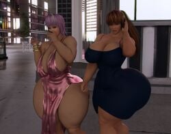 2girls 3d ayane_(doa) big_ass big_breasts cigar cleavage curvaceous curvaceous_female dead_or_alive dress dress_slit exposed_thighs female holding_object huge_breasts kasumi_(doa) light-skinned_female light_skin long_hair night orange_hair ponytail purple_hair sisters standing thick thick_ass thick_thighs thunder_thighs tkgbxard3d voluptuous voluptuous_female wide_hips