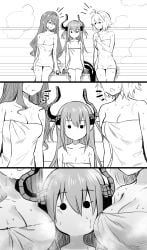 3girls arcueid_brunestud bad_id bad_twitter_id baobhan_sith_(fate) blush breasts commentary curled_horns dragon_girl dragon_horns dragon_tail elizabeth_bathory_(fate) elizabeth_bathory_(fate/extra_ccc) fate/extra fate/grand_order fate_(series) greyscale highres hirunagi horns large_breasts long_hair looking_at_viewer monochrome multiple_girls onsen pointy_ears short_hair sidelocks small_breasts solid_circle_eyes steam tail towel tsukihime