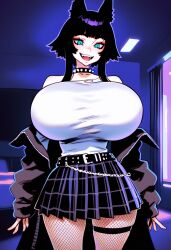 ai_generated arcadiasofka belt chains collar fishnets gigantic_breasts green_eyes jacket looking_down miniskirt open_jacket open_mouth original_character smile spiked_collar standing taut_shirt white_top wide_hips wolf_ears