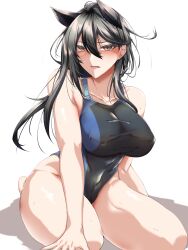 1girls 2024 arknights big_breasts black_hair blush breasts extra_ears gertrude_(arknights) hi_res light-skinned_female light_skin long_hair looking_at_viewer simple_background sitting solo swimsuit swimwear tgxx3300 wolf_ears wolf_girl