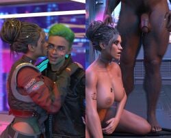 1girls 2boys 3d after_oral before_and_after big_breasts big_penis blushing_male choker cock_drunk cock_shock cyberpunk_2077 dark-skinned_female dark-skinned_male dark_skin interracial large_breasts large_penis light-skinned_male netorare panam_palmer panamsimp qos qos_tattoo queen_of_spades raceplay ruined_makeup vincent_(cyberpunk_2077)