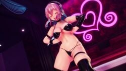 3d animated bedroom black_bikini black_thighhighs blue_hair dancing female full_body headphones indoors large_breasts long_hair mmd mu_motion music navel nipples nitroplus nude pink_eyes pink_hair solo sound super_sonico tagme two-tone_hair video