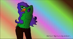 anthro avian bird breasts bushroot color darkwing_duck disney duck female female_only front_view hair hand_behind_head hand_on_hip hybrid long_hair mutant purple_hair rule_63 solo standing tagme tardis24