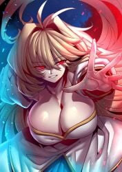 antenna_hair archetype_earth arcueid_brunestud blonde_hair breasts cleavage commentary dress female hair_between_eyes hair_intakes highres huge_breasts long_hair parted_lips red_eyes smile solo tsuki_wani tsukihime tsukiwani tukiwani upper_body white_dress