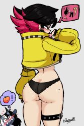 ass_sweat astronaut_helmet big_ass black_hair blush demon demon_girl drakkon00 egirl guidelli_art helmet_removed jacket jacket_open lollipop original original_character original_characters panties pants_removed sweat white_hair yuri