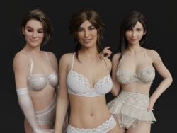 3d 3d_(artwork) black_hair blue_eyes brown_eyes brown_hair closed_eyes clothed crimsonquill3d daz3d daz_studio female female_focus female_only final_fantasy final_fantasy_vii final_fantasy_vii_remake group jill_valentine lara_croft lara_croft_(survivor) lingerie multiple_girls red_eyes resident_evil resident_evil_3 resident_evil_3_remake smile tifa_lockhart tomb_raider tomb_raider_(survivor)