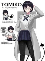 1girls attribute_theft black_hair blue_clothing breast_expansion devil_tail draining emmarrgus emotionless glasses labcoat leggings nerd original original_character ripped_clothing scientist serafuku short_hair skirt small_breasts tail tired_eyes tomiko_(emmarrgus) underboob unethical_science