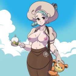 2024 b-intend blue_background blush breasts breasts_out brown_eyes curly_hair female female_focus gloves green_hair hat katy_(pokemon) looking_away nintendo nipples nymble open_clothes open_shirt pokemon pokemon_(species) pokemon_trainer tarountula teddiursa