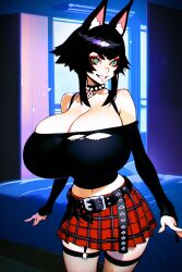 ai_generated arcadiasofka belt black_hair black_top chains cleavage collar collarbone crop_top cross fishnets gigantic_breasts green_eyes head_tilt legs_crossed looking_at_viewer miniskirt original_character short_hair skirt smile spiked_collar standing tartan thighhighs thighs torn_clothes wolf_ears