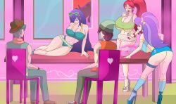 2boys 3girls annon aqua_blossom_(eg) ass big_breasts bimbo bimbofication blueberry_cake_(eg) breast_expansion breasts clothes curvy equestria_girls fashionista female high_heels huge_breasts miniskirt muscles my_little_pony no_panties normal_norman nudity purple_hair rose_heart_(eg) school scott_green short_skirt skirt socks sunglasses sunglasses_on_head