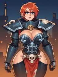 1girls adepta_sororitas ai_generated annoying_watermark armor armored_gloves armour big_breasts blue_eyes breastplate breasts city_background cityscape cleavage cleavage_cutout cropped_legs female female_focus female_only female_warrior gauntlets hips hourglass_figure human joints jorgecarlosai lips lipstick long_loincloth love_handles obnoxious_watermark orange_hair power_armor protective_collar protective_gear red_hair short_hair shoulder_armor side_cutout sister_of_battle skull skull_ornament skulls solo standing thick thick_legs thick_thighs unconvincing_armor upper_body warhammer_(franchise) warhammer_40k watermark wide_ass wide_hips wide_thighs