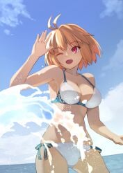 1girls ahoge antenna_hair arcueid_brunestud bikini blonde_hair blue_sky breasts female highres koyama_keisuke medium_hair one_eye_closed open_mouth outdoors red_eyes short_hair sky solo splashing swimsuit tsukihime water