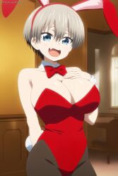 ai_generated artkoikoi big_breasts blue_eyes bunny_ears bunny_girl bunny_tail bunnysuit cleavage cotton_tail fang female female_focus female_only grey_hair hand_on_breast hi_res huge_breasts koikoi light-skinned_female light_skin looking_at_viewer oerba_yun_fang red_bunnysuit solo solo_female solo_focus standing uzaki-chan_wa_asobitai! uzaki_hana