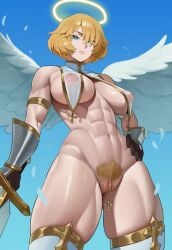 abs ai_generated angel angel_wings armor blonde_hair blue_eyes breast_curtains clitoris clitoris_piercing covered_nipples from_below halo holding_weapon jagat_ai looking_at_viewer original original_character piercing pubic_hair pussy see-through short_hair solo solo_female toned_female