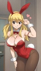 1girls 2020s 2024 animal_costume armpits bare_shoulders blonde_hair blush breasts cleavage collarbone fairy_tail female gaston18 heart hi_res indoors large_breasts light-skinned_female light_skin long_hair looking_at_viewer lucy_heartfilia pantyhose rabbit_costume smile solo standing twintails