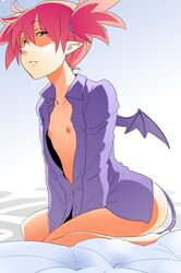 bed between_legs demon_girl disgaea etna flat_chest hand_between_legs highres kaeru_kenshi nipples open_clothes open_shirt red_hair shirt sitting tied_hair twintails wings