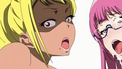 1boy 2girls angry animated animated blonde_hair blush collarbone copyright_request cum cum_in_mouth dark_skin facial glasses looking_at_viewer multiple_girls nude open_mouth purple_eyes purple_hair red_eyes swallowing user_evtd8734