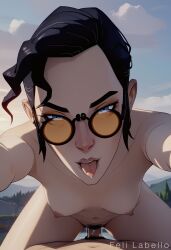 1boy1girl 1girls ai_generated black_hair blue_eye_samurai blue_eyes close_up cowgirl_position eye_contact feli_labello female_pubic_hair glasses hugging leaning_forward looking_at_viewer looking_over_eyewear looking_over_sunglasses mizu_(blue_eye_samurai) nude nude_female outdoors pov pov_male pov_sex pubic_hair riding riding_penis sex sunglasses tinted_eyewear tongue_out