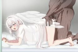 angel angel_wings bandaid big_breasts blue_eyes dark-skinned_male doggy_style hairy_male heart-shaped_pupils light-skinned_female light_skin long_hair older_male older_man_and_teenage_girl older_penetrating_younger one_room_hiatari_futsuu_tenshi-tsuki open_mouth studio_apartment,_good_lighting,_angel_included t-shirt towa_(one_room_hiatari_futsuu_tenshi-tsuki) very_long_hair white_hair younger_female