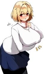 absurdres arcueid_brunestud big_breasts black_pantyhose blonde_hair blue_skirt blush breasts female grin highres huge_breasts jewelry large_breasts long_sleeves looking_at_viewer naze necklace pantyhose red_eyes short_hair skirt smile solo sweater thighs top_heavy tsukihime turtleneck turtleneck_sweater white_sweater