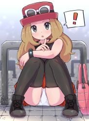 ! 1girls :o ass black_legwear blonde_hair blush creatures_(company) dirty_blonde_hair game_freak glasses grey_eyes handbag hat highres kutabireta_neko long_hair looking_at_viewer miniskirt nintendo paid_reward_available panties pantyshot pleated_skirt pokemon pokemon_(game) pokemon_xy relaxing serena_(pokemon) serena_(pokemon_games) shoes sitting skirt sneakers solo thighhighs upskirt white_panties