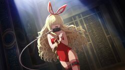 bare_arms bare_shoulders blonde_hair bunny_costume bunny_ears bunny_girl bunnysuit collar covered_eyes embarrassed long_hair official_art sasha_kruschschev small_breasts thighs to_aru_majutsu_no_index