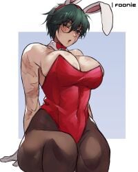 1girls big_breasts black_hair blush bowtie bunny_ears bunnysuit clenched_teeth dark_green_hair female female_only foonie_xd glasses green_hair jujutsu_kaisen large_breasts looking_at_viewer open_clothes playboy_bunny scars scars_all_over short_hair solo solo_female solo_focus thick_thighs thighs very_short_hair wide_hips zenin_maki