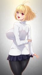 :d ahoge antenna_hair arcueid_brunestud arm_behind_back arms_behind_back ass back big_boobs big_breasts black_legwear black_pantyhose blonde_hair blue_skirt blush boobs breasts cowboy_shot crossed_legs female female_only from_behind fully_clothed gradient_background hi_res highres holding_own_arm huge_breasts impossible_clothes impossible_sweater kemurin large_boobs large_breasts long_sleeves looking_at_viewer looking_back miniskirt open_mouth panties panties_under_pantyhose pantyhose pleated_skirt rear_view red_eyes shiny_clothes shiny_legwear short_hair sideboob skirt slit_pupils smile solo standing sweater top_heavy tsukihime tsukihime_(remake) turtleneck turtleneck_sweater type-moon underbutt white_sweater