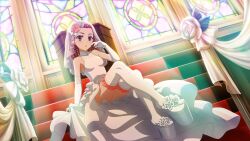 agnese_sanctis armpits bare_shoulders bride bride_veil dress gloves high_heels official_art red_eyes red_hair small_body small_breasts surprised surprised_expression thighs to_aru_majutsu_no_index wedding_dress zettai_ryouiki