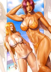 2girls beach big_breasts bikini bleach blue_eyes brown_eyes chocolate_and_vanilla dark-skinned_female dark_skin female_focus female_only hibren legs light-skinned_female light_skin long_hair looking_away looking_to_the_side matsumoto_rangiku ocean orange_hair purple_hair shihouin_yoruichi side_ass sky smile swimsuit thighs