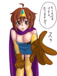 arimura_ario bent_over blush breasts clothing dragon_quest dragon_quest_iii dress female female_only front_view gloves heroine_(dq3) human looking_at_viewer medium_breasts nipple_slip nipples pale_skin roto solo stockings tagme translation_request