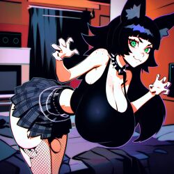 :3 ai_generated arcadiasofka belt bent_over black_hair black_shirt cat_ears chains claw_pose cleavage crop_top fishnets freckles gigantic_breasts green_eyes hanging_breasts miniskirt skirt spiked_collar