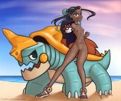 1girls 2023 beach black_hair blue_eyes blue_hair breasts brown_body brown_skin drednaw female female_focus human nessa_(pokemon) nintendo nipples outdoors pawpadcomrade pokémon_(species) pokeball pokemon pokemon_(species) pokemon_trainer pussy small_breasts