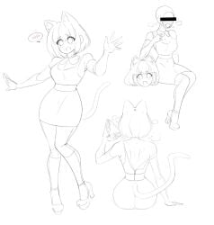 ass back_view back_zipper ball_gag big_ass black_and_white blush cat_ears cat_tail catgirl censor_bar censored_eyes costume hi_res high_heels highres hourglass_figure kigurumi mask platform_heels rear_view sealguy sketch zipper zipper_down