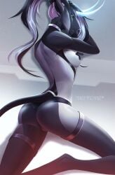 acrador acrador_project anthro ass black_body breasts clothing collar fake_horns female footwear grey_body hair hi_res hologram horn kindra legwear mindmachine nipple_tape panties pasties ponytail socks solo tail tape thigh_highs underwear