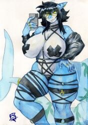 1girls 2d animal_ears anthro arms bare_shoulders belly belt big_breasts black_hair blue_body breasts chubby cleavage closed_mouth curvy facing_viewer female female_focus female_only fingers front_view glasses hair hands heart_glasses hips huge_breasts jacket jacket_open large_breasts legs legs_apart maru_(marujawselyn) murazaki naked naked_female nipple_tape nude nude_female open_eyes pasties phone rings sagging_breasts selfie shark shark_girl shark_humanoid shark_tail short_hair shoulders standing stomach straps thick_thighs thighs waist watercolor wide_hips