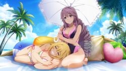 2girls bare_shoulders beach big_breasts blonde_hair curly_hair feet hokaze_junko long_hair official_art one-piece_swimsuit purple_hair shokuhou_misaki sleeping smile swimsuit teenage_girl teenager thick_thighs thighs to_aru_majutsu_no_index umbrella wholesome young