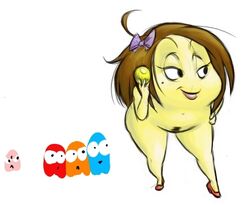 ahoge brown_hair chubby darkpandax fat ghost hair_bow high_heels lipstick looking_to_the_side messy_hair mole_under_eye ms._pac-man namco navel pac-man_(series) pubic_hair purple_ribbon white_background yellow_skin