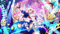 armpits bare_shoulders bare_thighs belly_button blonde_hair blue_eyes earrings fake_animal_ears idol leivinia_birdway nail_polish official_art short_hair shorts small_breasts surprised surprised_expression thighs to_aru_majutsu_no_index